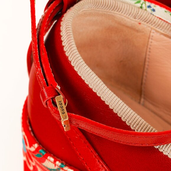 Gucci Hibiscus Red Malaga Kid Silk Hannelore Detachable Platform Slide - Picture 9 of 13